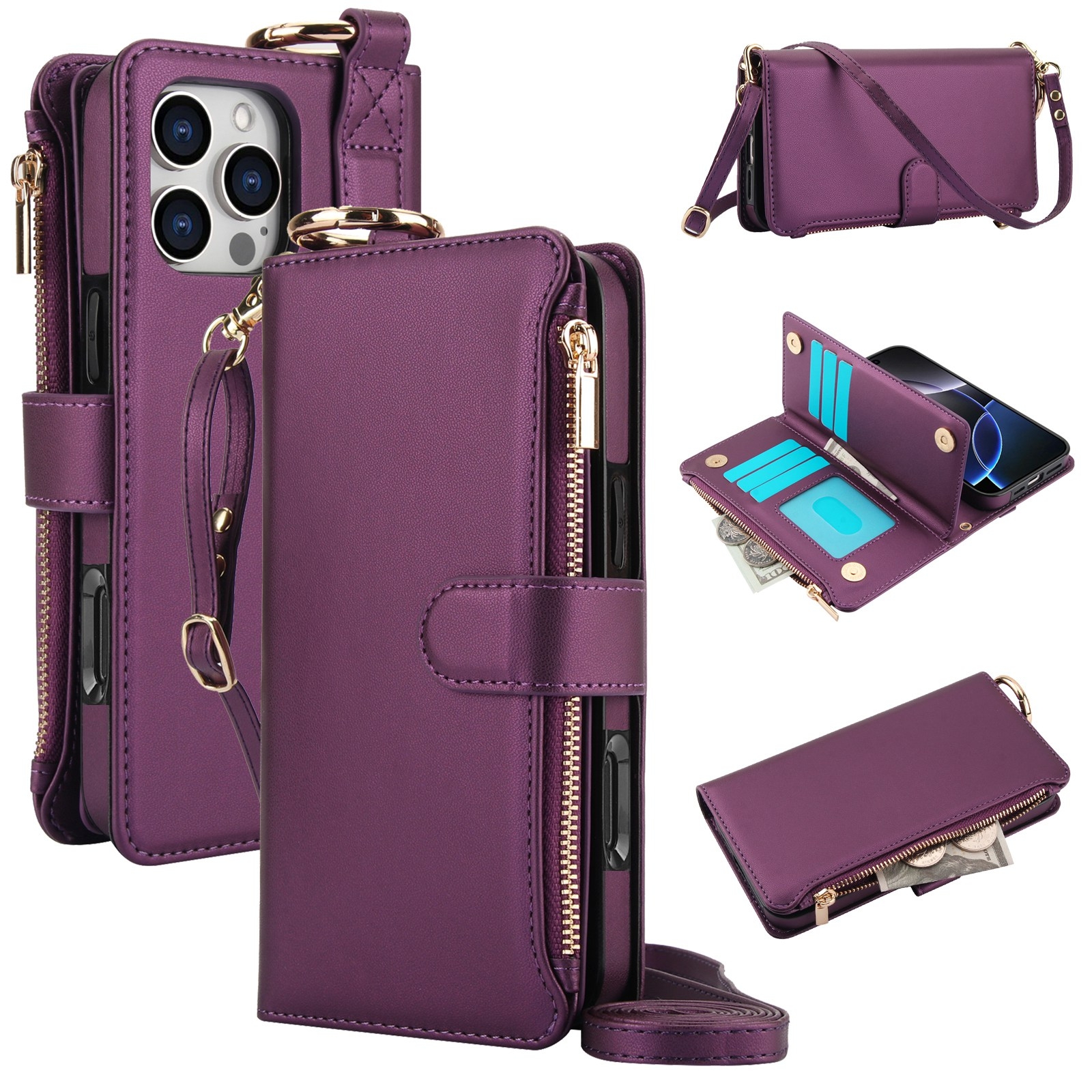 For iPhone 16 Pro Max Crossbody Ring Multifunctional Wallet Leather Phone Case(Dark Purple) - Shopkiz.com