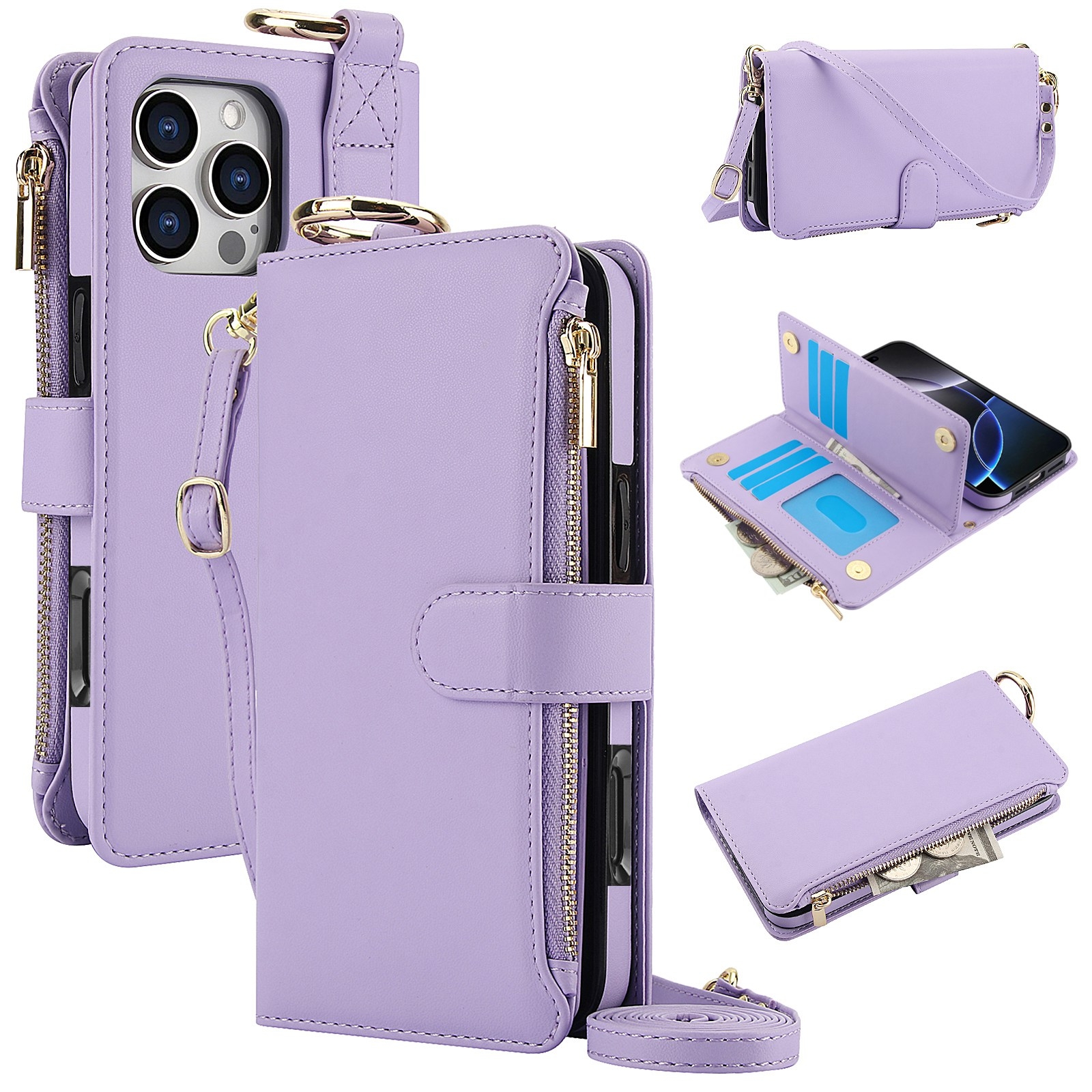 For iPhone 16 Pro Max Crossbody Ring Multifunctional Wallet Leather Phone Case(Purple) - Shopkiz.com