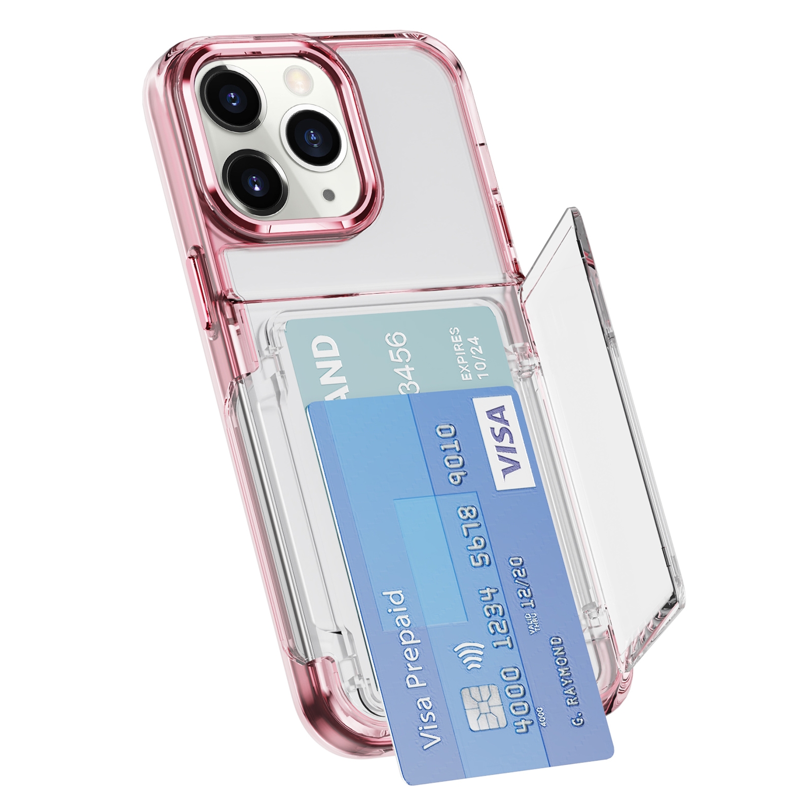 For iPhone 11 Pro Max Card Holder Acrylic Hybrid TPU Phone Case(Transparent Pink) - Shopkiz.com