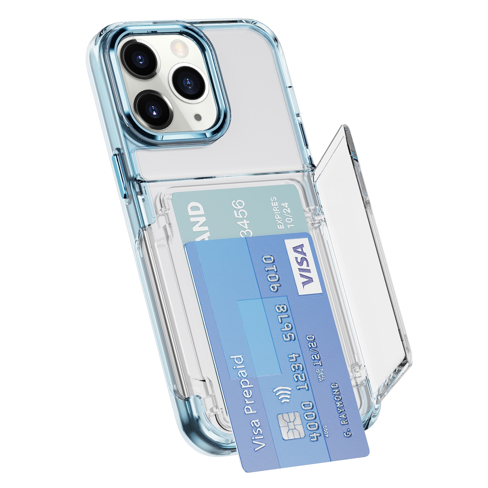 For iPhone 11 Pro Max Card Holder Acrylic Hybrid TPU Phone Case(Transparent Blue) - Shopkiz.com