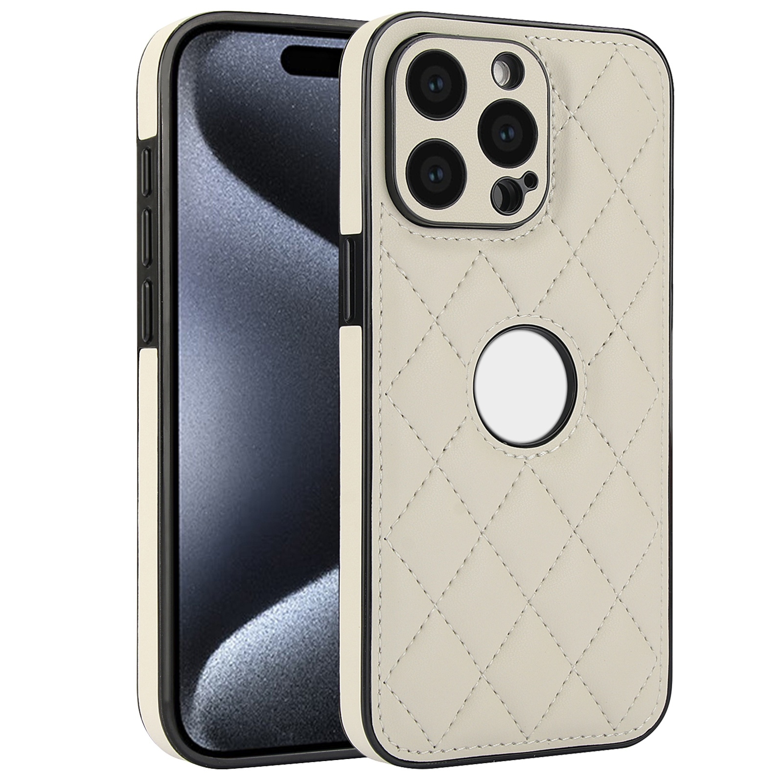 For iPhone 15 Pro Rhombic Leather Back Cover Phone Case(White) - Shopkiz.com