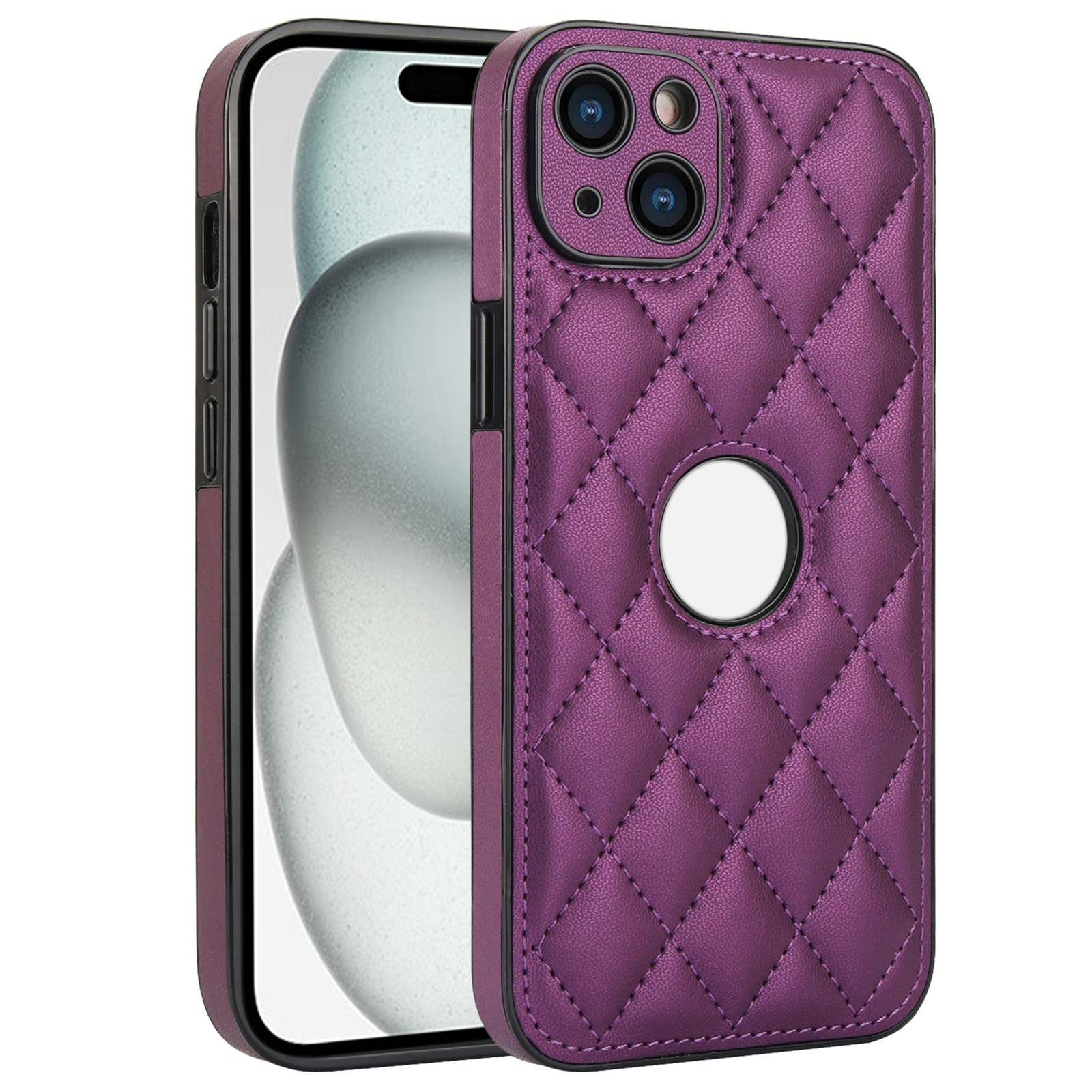 For iPhone 15 Plus Rhombic Leather Back Cover Phone Case(Dark Purple) - Shopkiz.com