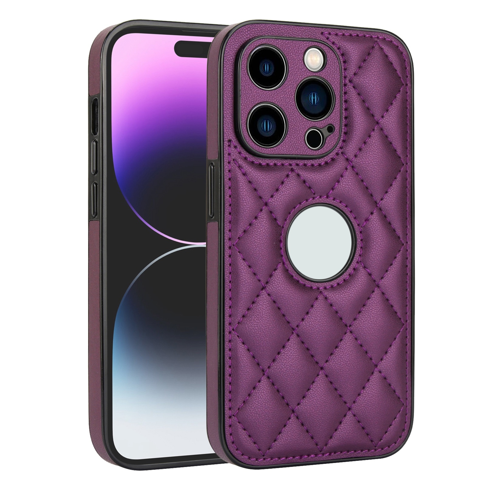 For iPhone 14 Pro Max Rhombic Leather Back Cover Phone Case(Dark Purple) - Shopkiz.com