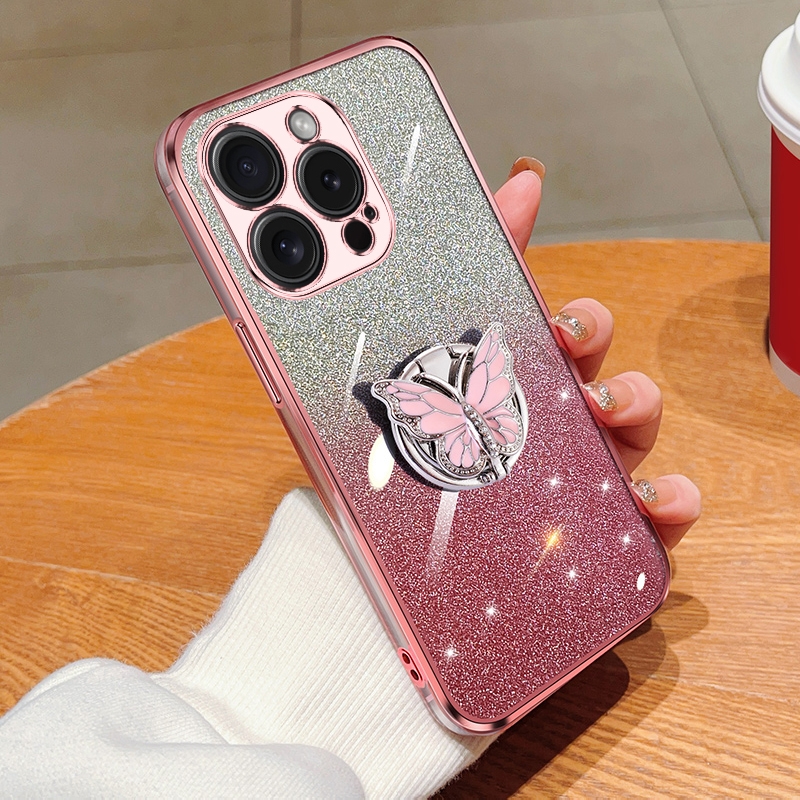 For iPhone 15 Pro Plated Gradient Glitter Butterfly Holder TPU Phone Case(Pink) - Shopkiz.com