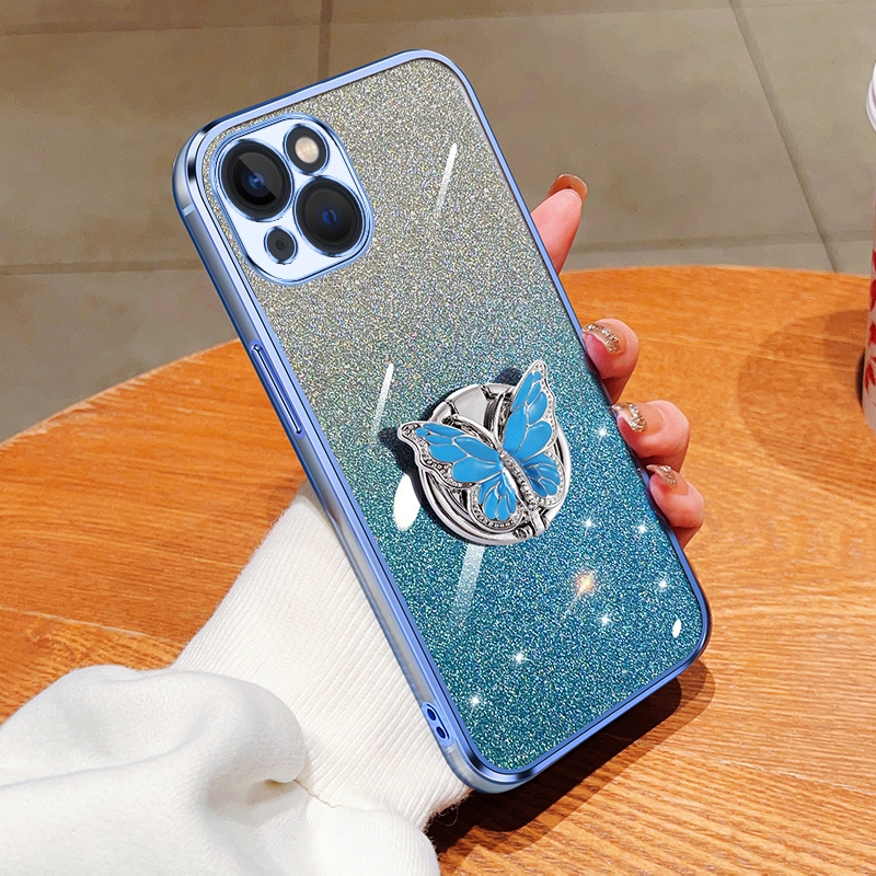 For iPhone 13 mini Plated Gradient Glitter Butterfly Holder TPU Phone Case(Sierra Blue) - Shopkiz.com