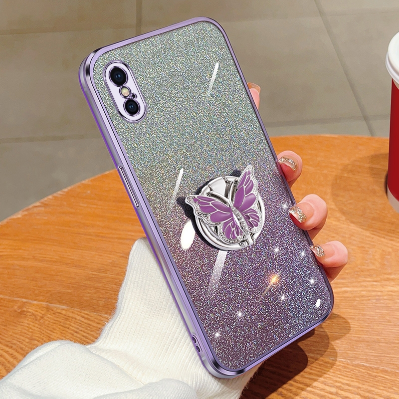 For iPhone XS Max Plated Gradient Glitter Butterfly Holder TPU Phone Case(Purple) - Shopkiz.com