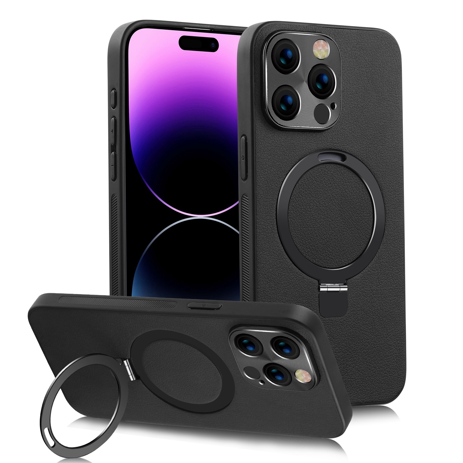 For iPhone 14 Pro Max MagSafe Rotation Holder PC + Leather Phone Case(Black) - Shopkiz.com