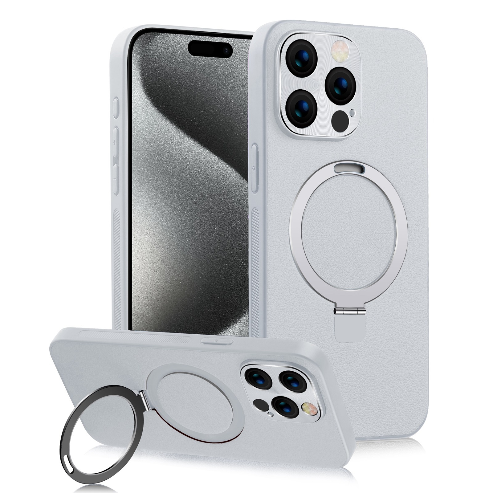 For iPhone 15 Pro Max MagSafe Rotation Holder PC + Leather Phone Case(White) - Shopkiz.com