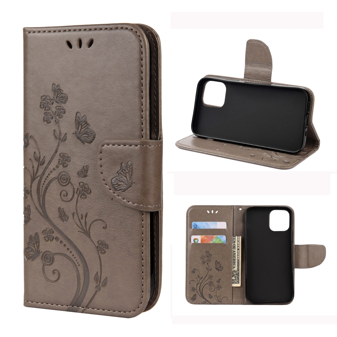 For iPhone 12 mini Butterfly Flower Pattern Horizontal Flip Leather Case with Holder & Card Slots & Wallet(Grey) - Shopkiz.com