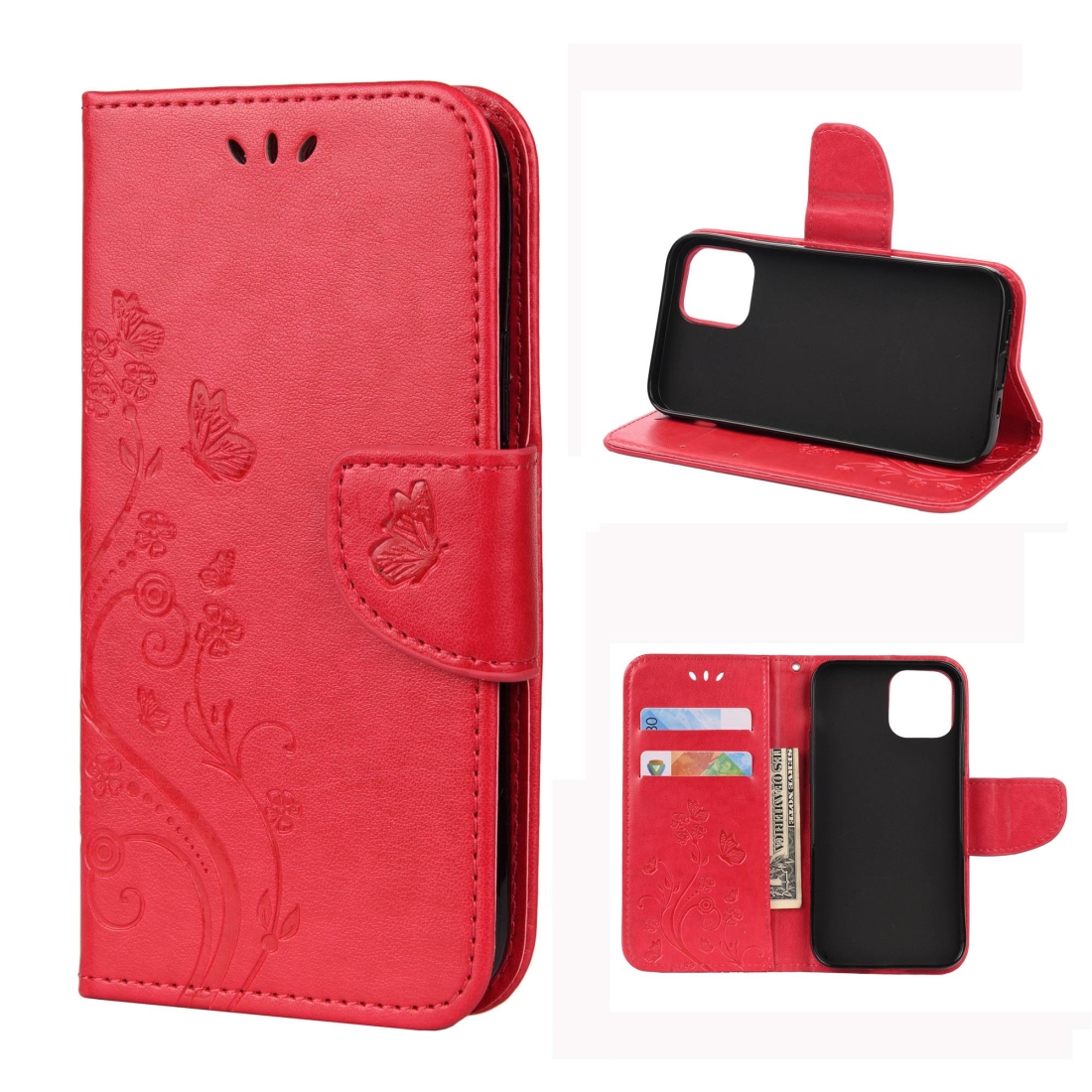 For iPhone 12 / 12 Pro Butterfly Flower Pattern Horizontal Flip Leather Case with Holder & Card Slots & Wallet(Red) - Shopkiz.com