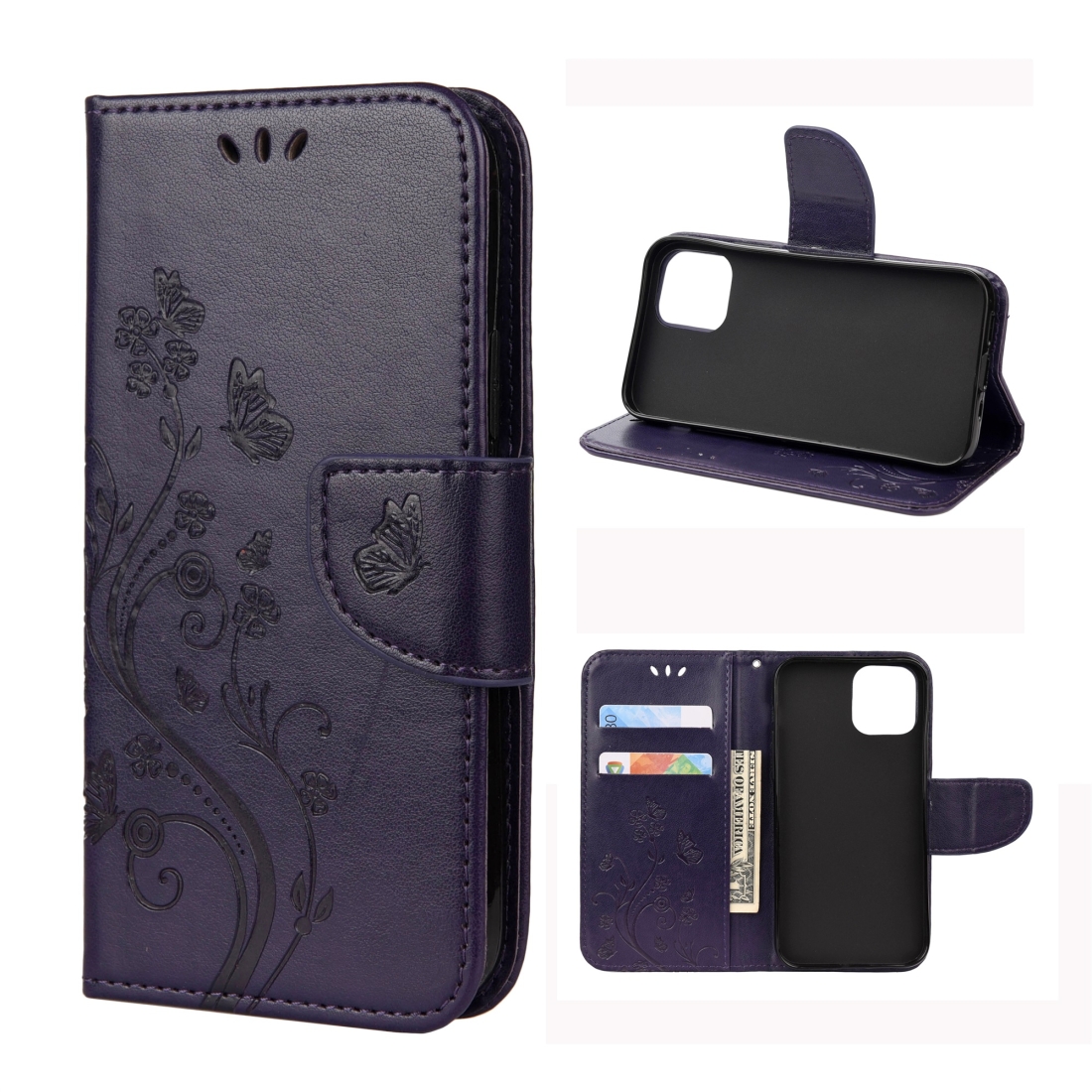 For iPhone 12 Pro Max Butterfly Flower Pattern Horizontal Flip Leather Case with Holder & Card Slots & Wallet(Deep Purple) - Shopkiz.com