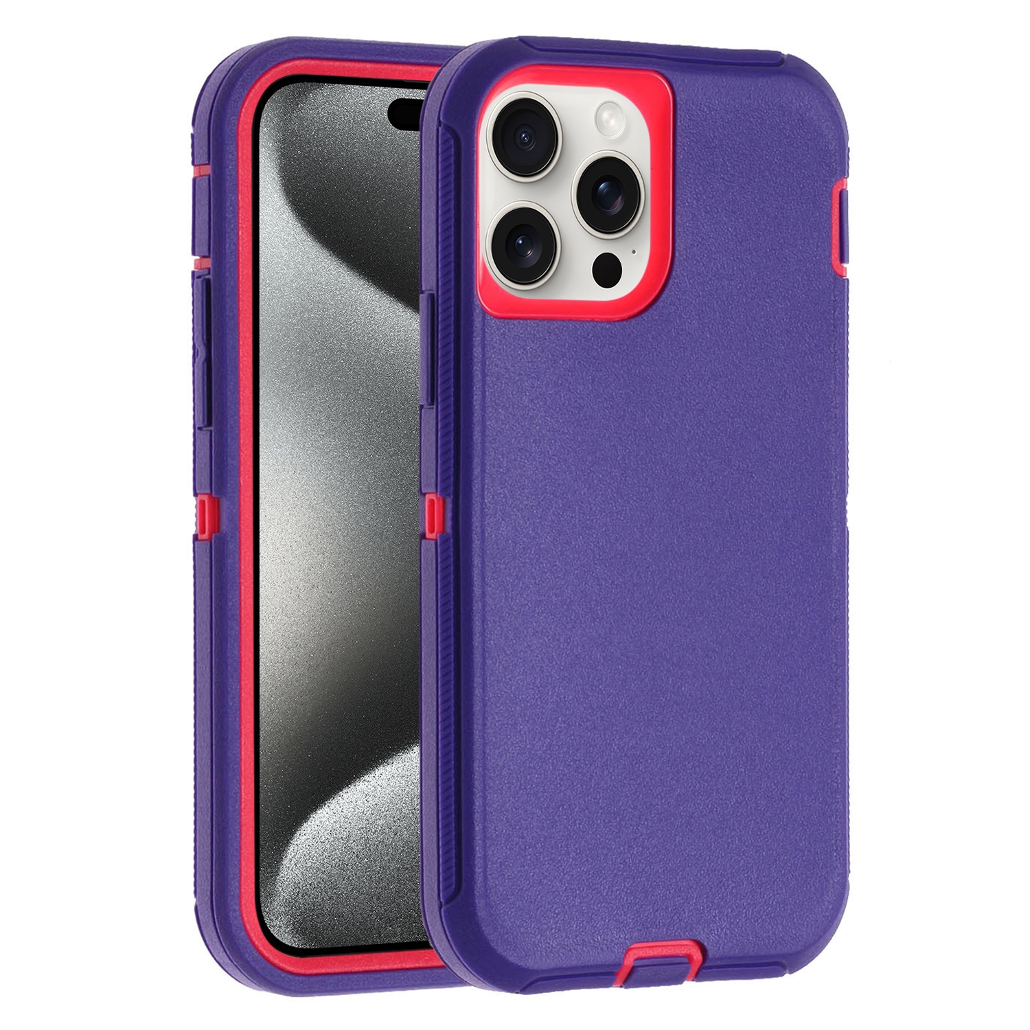 For iPhone 15 Pro Max Robot Three-proof Life Waterproof Phone Case with Holder(Purple + Rose Red) - Shopkiz.com