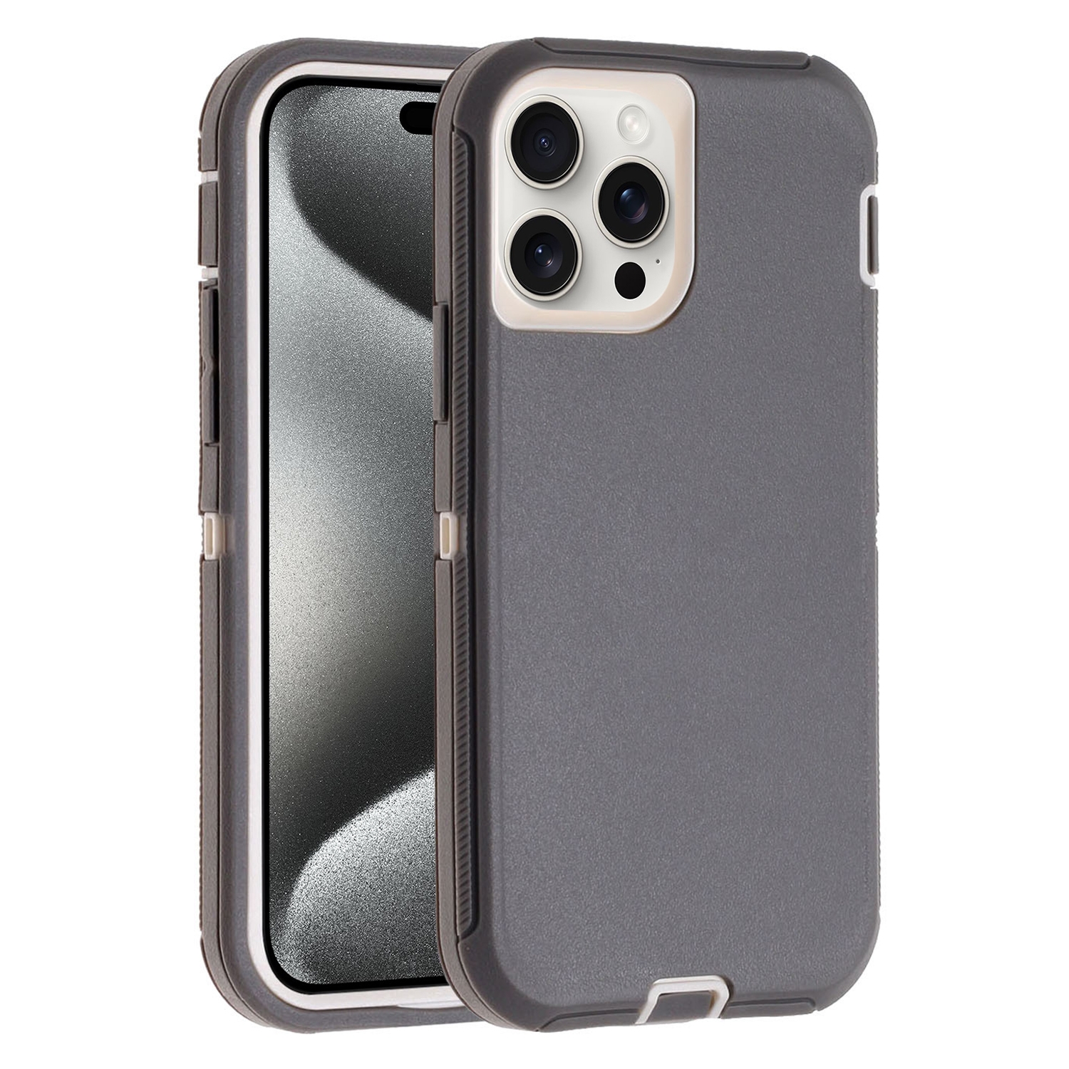 For iPhone 15 Pro Max Robot Three-proof Life Waterproof Phone Case with Holder(Grey + White) - Shopkiz.com