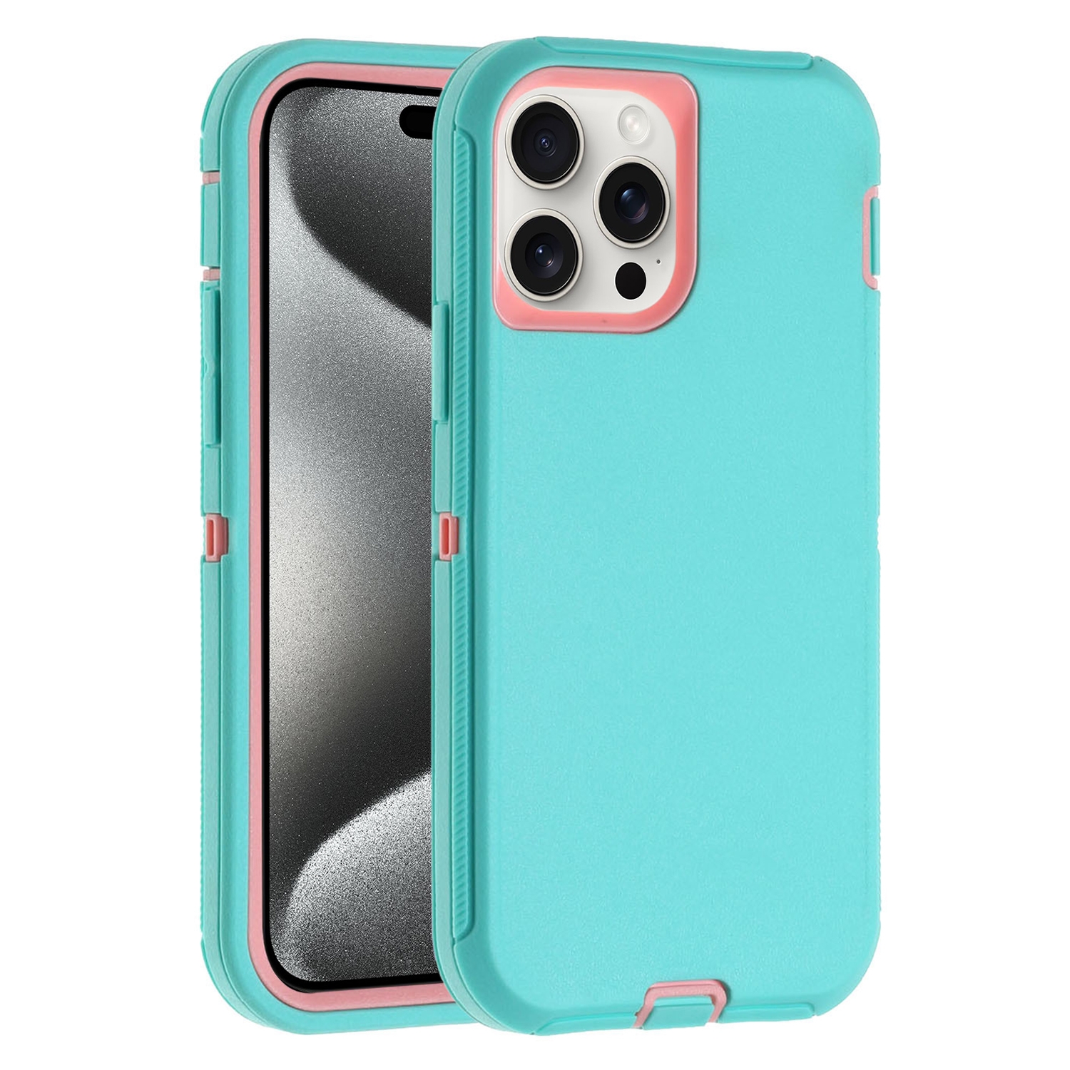 For iPhone 15 Pro Max Robot Three-proof Life Waterproof Phone Case with Holder(Glacier Blue + Pink) - Shopkiz.com