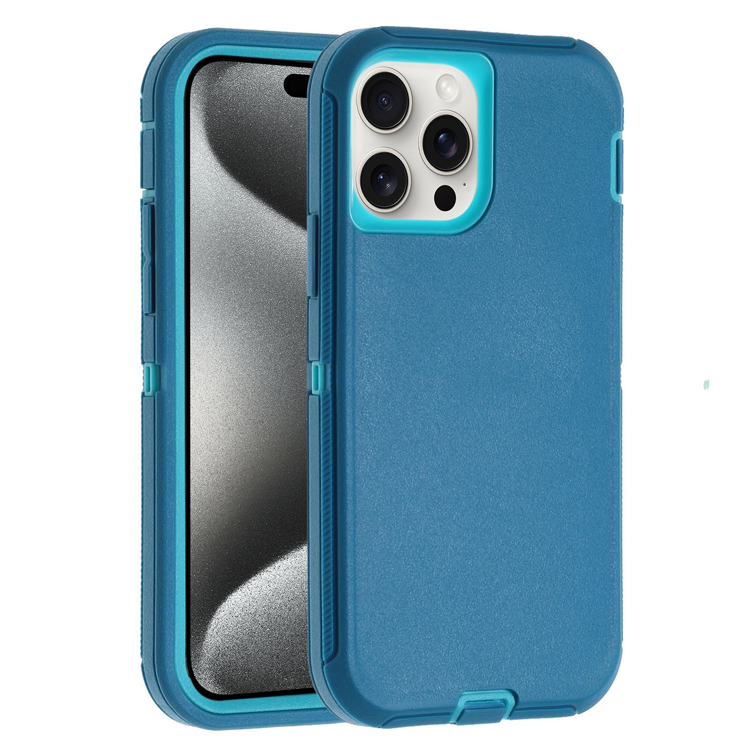 For iPhone 15 Pro Robot Three-proof Life Waterproof Phone Case with Holder(Dark Blue + Light Blue) - Shopkiz.com