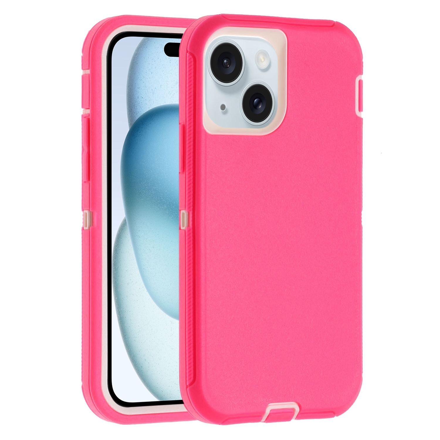 For iPhone 15 Plus Robot Three-proof Life Waterproof Phone Case with Holder(Rose Red + White) - Shopkiz.com
