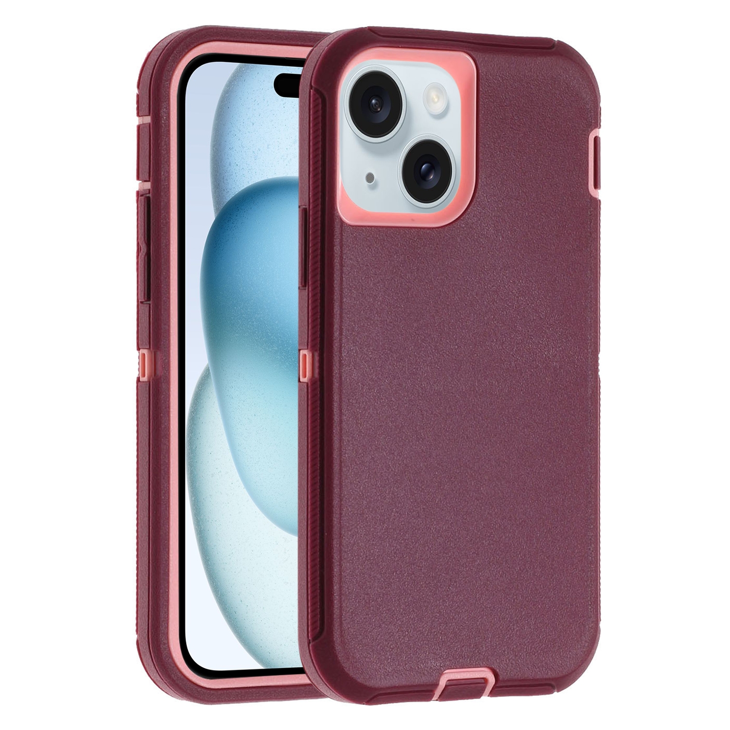 For iPhone 15 Plus Robot Three-proof Life Waterproof Phone Case with Holder(Wine Red + Pink) - Shopkiz.com
