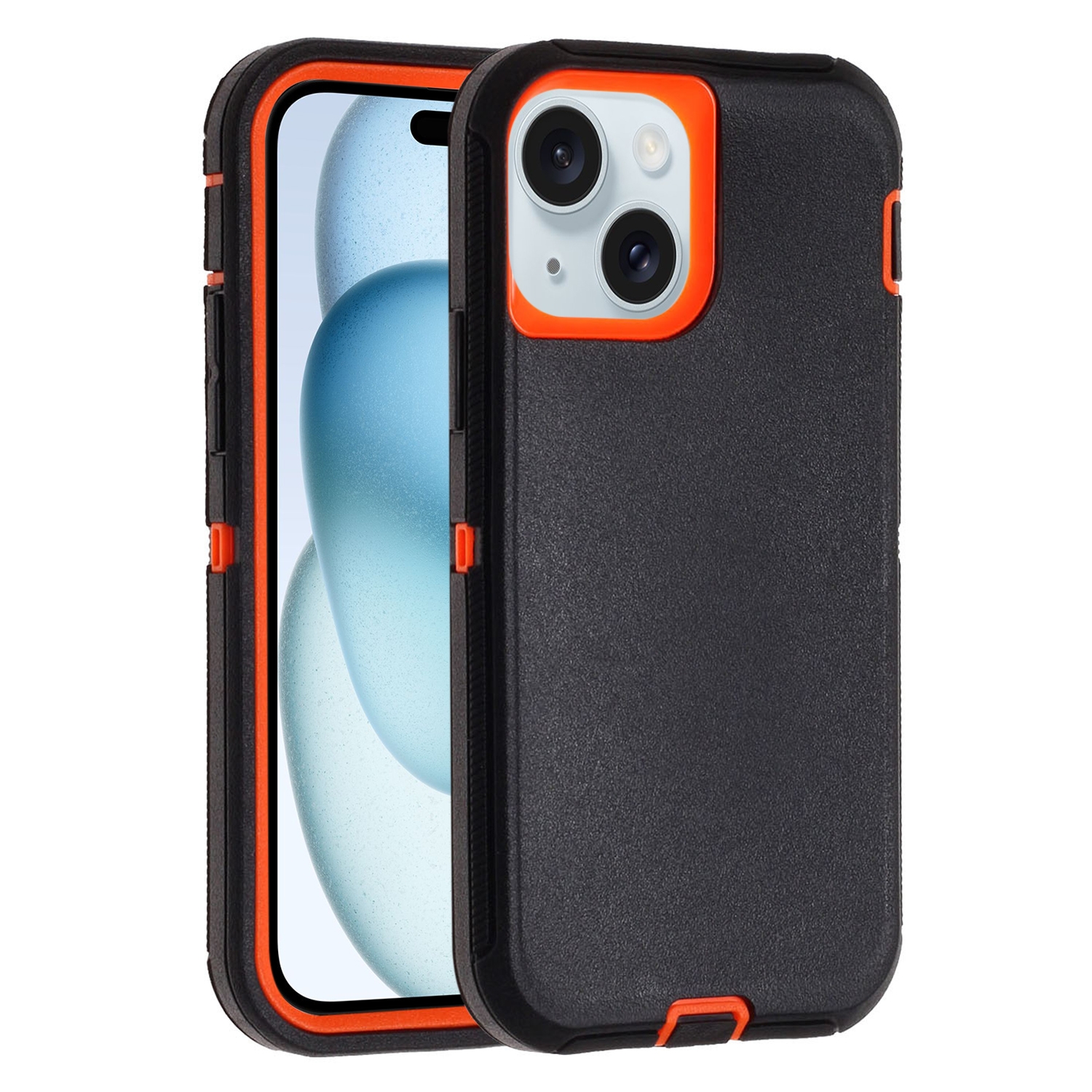 For iPhone 15 Robot Three-proof Life Waterproof Phone Case with Holder(Black + Orange) - Shopkiz.com