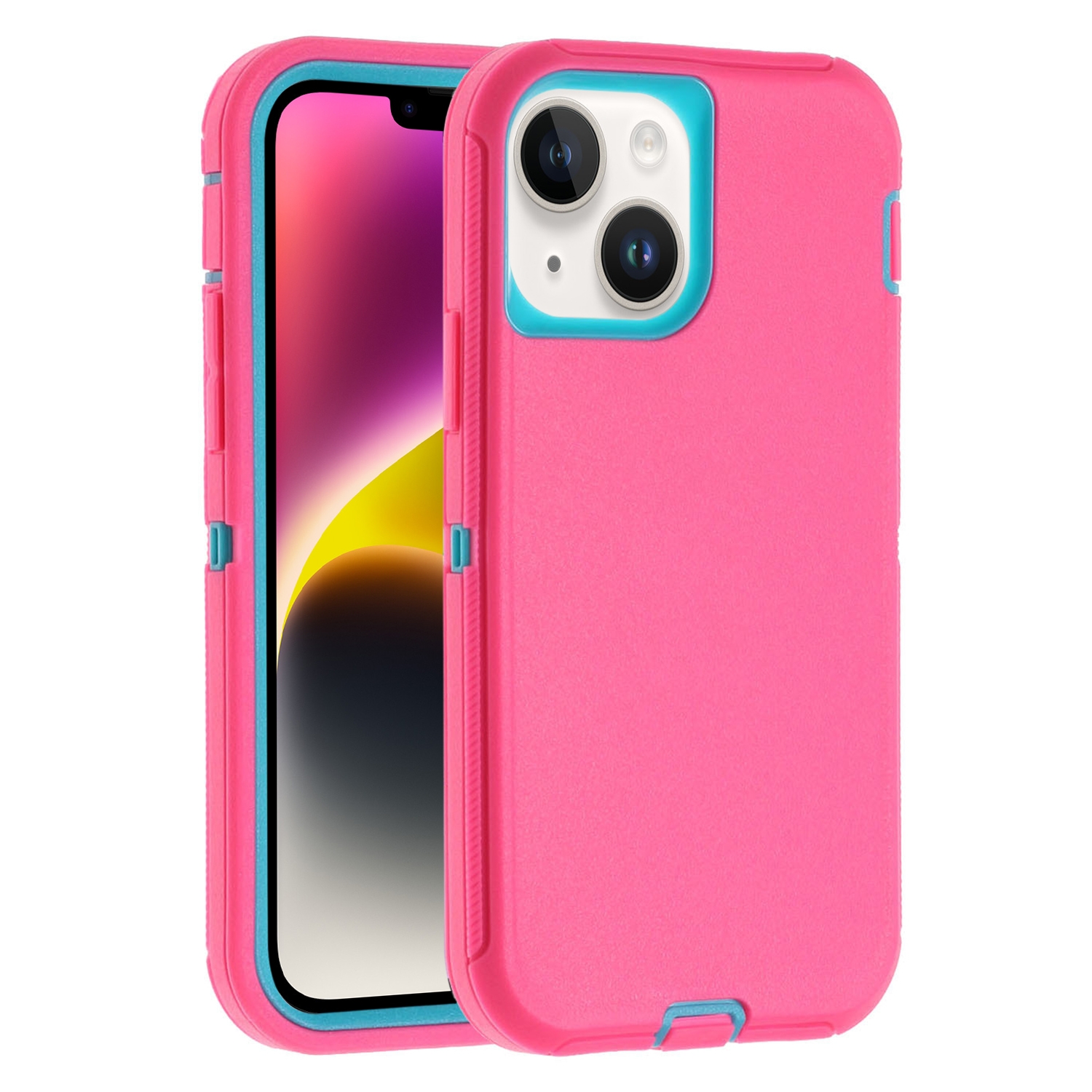 For iPhone 14 Plus Robot Three-proof Life Waterproof Phone Case with Holder(Rose Red + Blue) - Shopkiz.com
