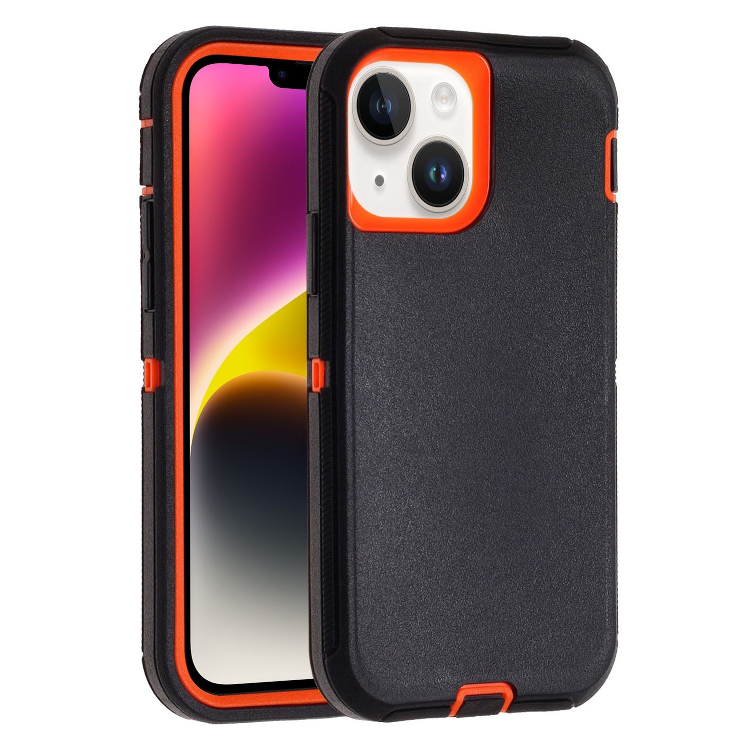 For iPhone 14 Plus Robot Three-proof Life Waterproof Phone Case with Holder(Black + Orange) - Shopkiz.com