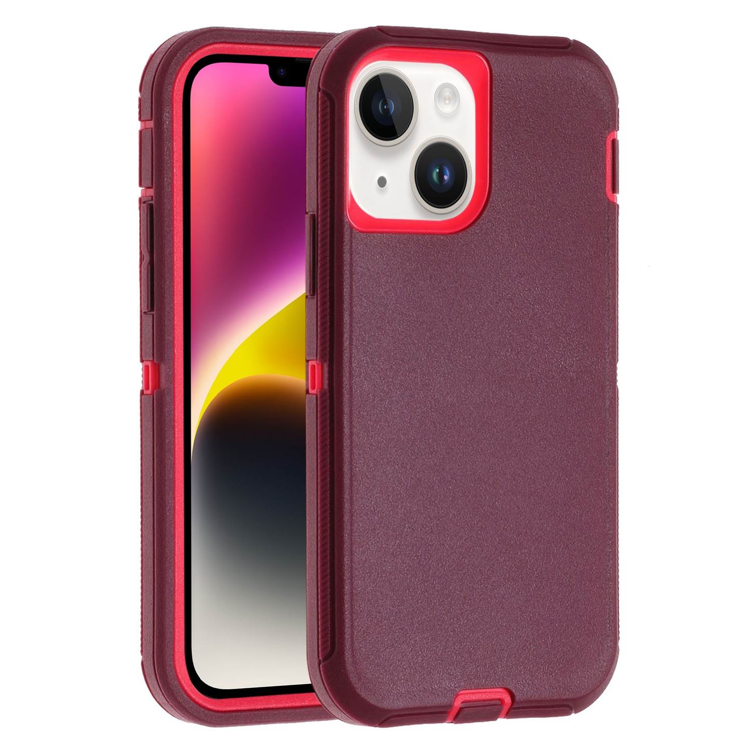 For iPhone 14 Robot Three-proof Life Waterproof Phone Case with Holder(Wine Red + Rose Red) - Shopkiz.com