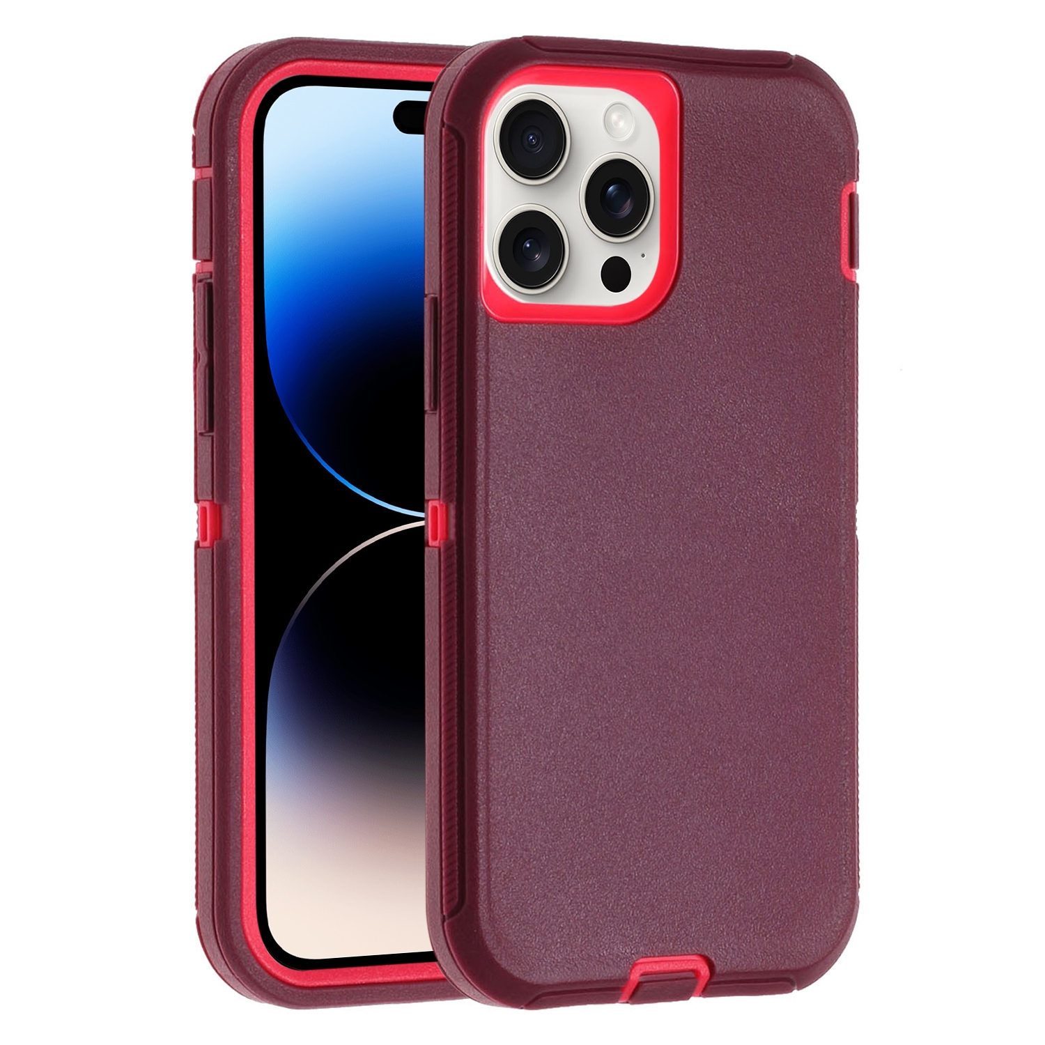 For iPhone 14 Pro Robot Three-proof Life Waterproof Phone Case with Holder(Wine Red + Rose Red) - Shopkiz.com