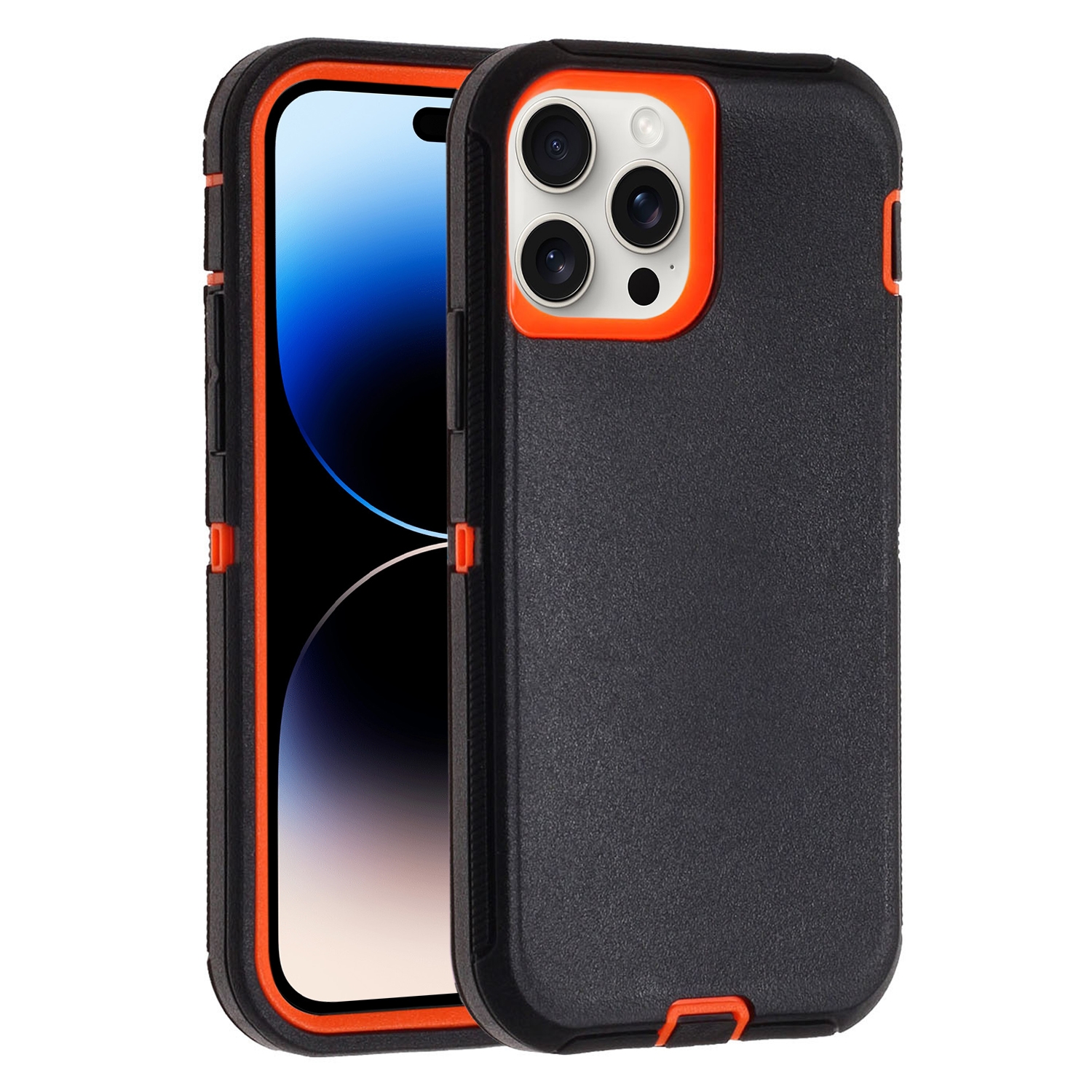For iPhone 14 Pro Max Robot Three-proof Life Waterproof Phone Case with Holder(Black + Orange) - Shopkiz.com