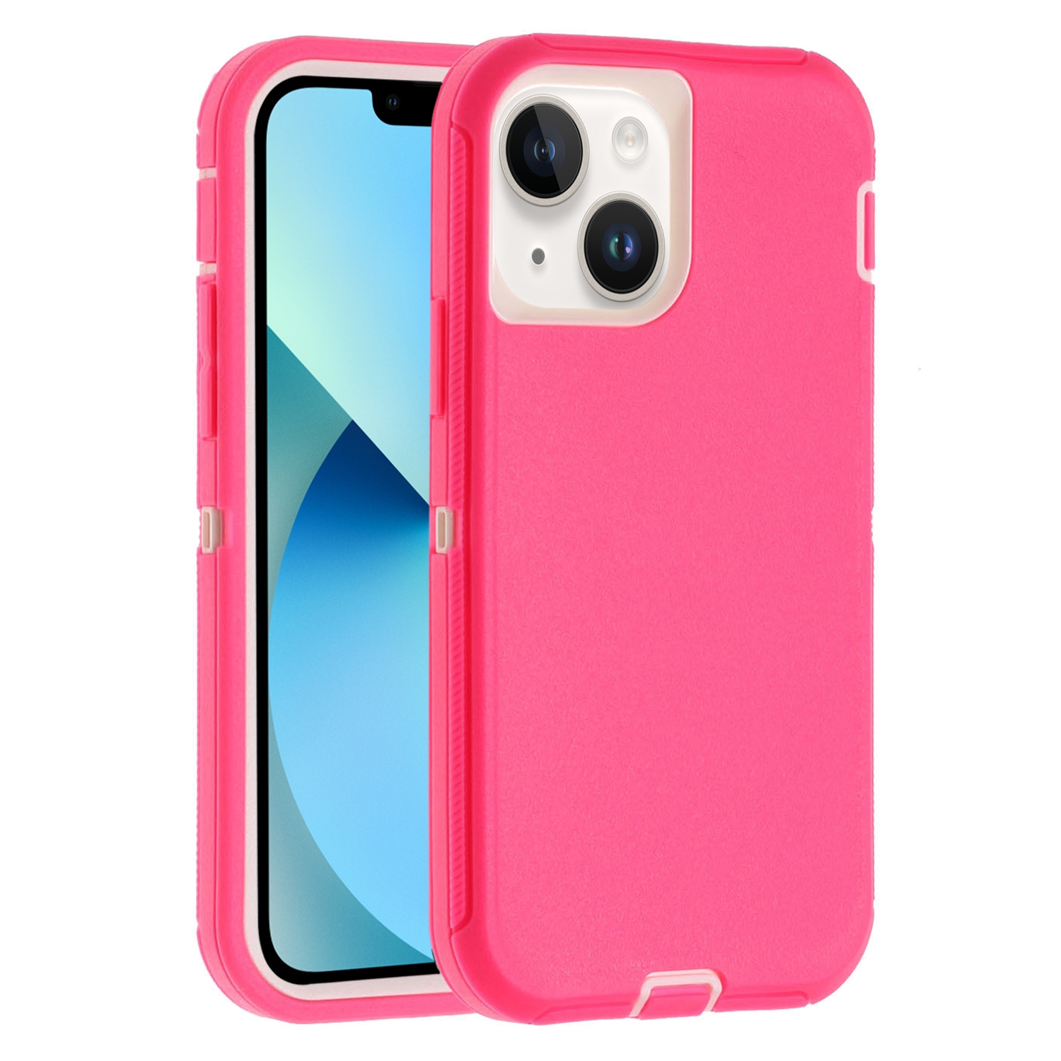 For iPhone 13 Robot Three-proof Life Waterproof Phone Case with Holder(Rose Red + White) - Shopkiz.com