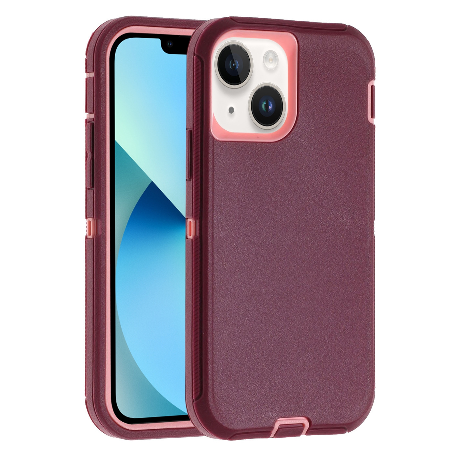 For iPhone 13 Robot Three-proof Life Waterproof Phone Case with Holder(Wine Red + Pink) - Shopkiz.com