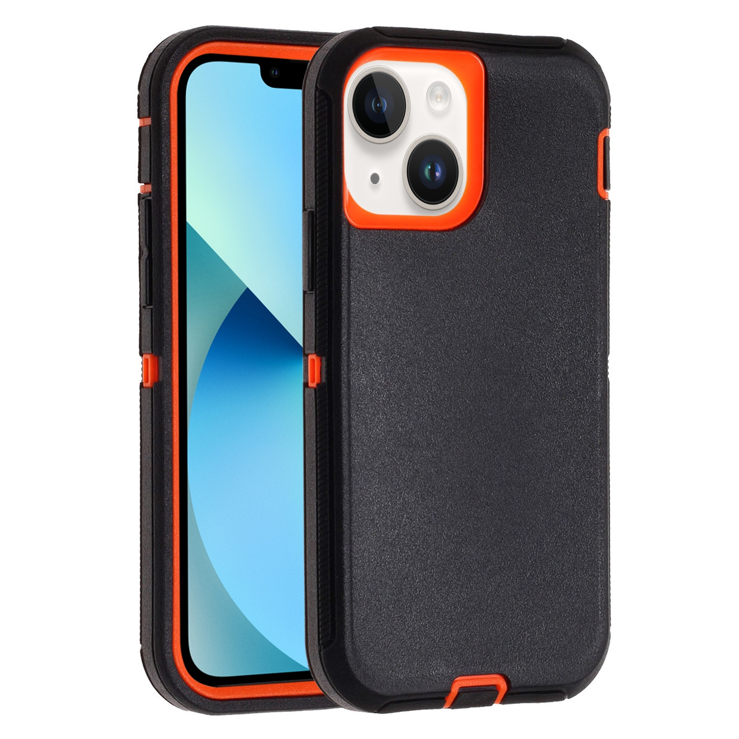 For iPhone 13 Robot Three-proof Life Waterproof Phone Case with Holder(Black + Orange) - Shopkiz.com