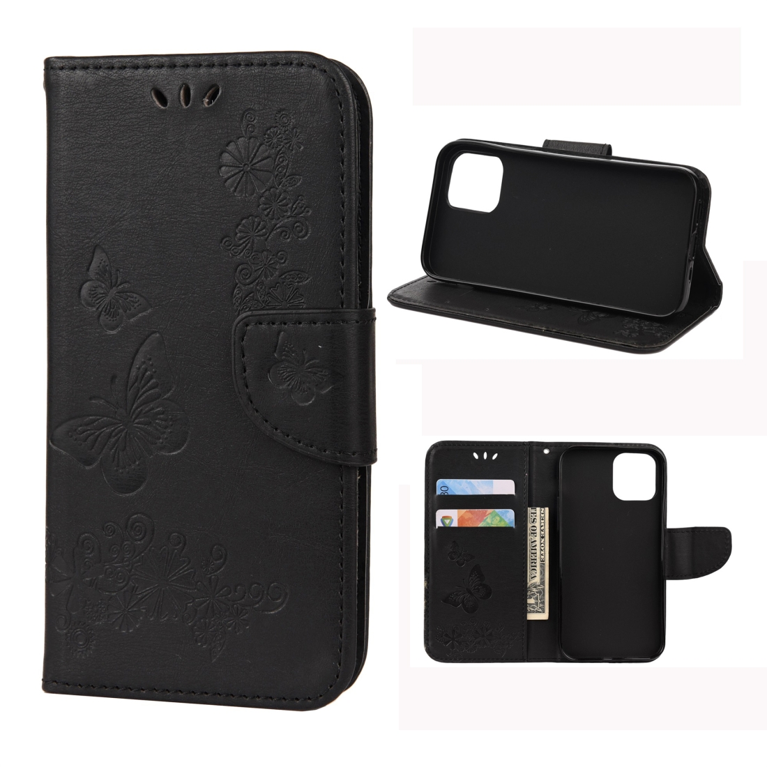 For iPhone 12 mini Vintage Embossed Floral Butterfly Pattern Horizontal Flip Leather Case with Card Slot & Holder & Wallet & Lanyard(Black) -