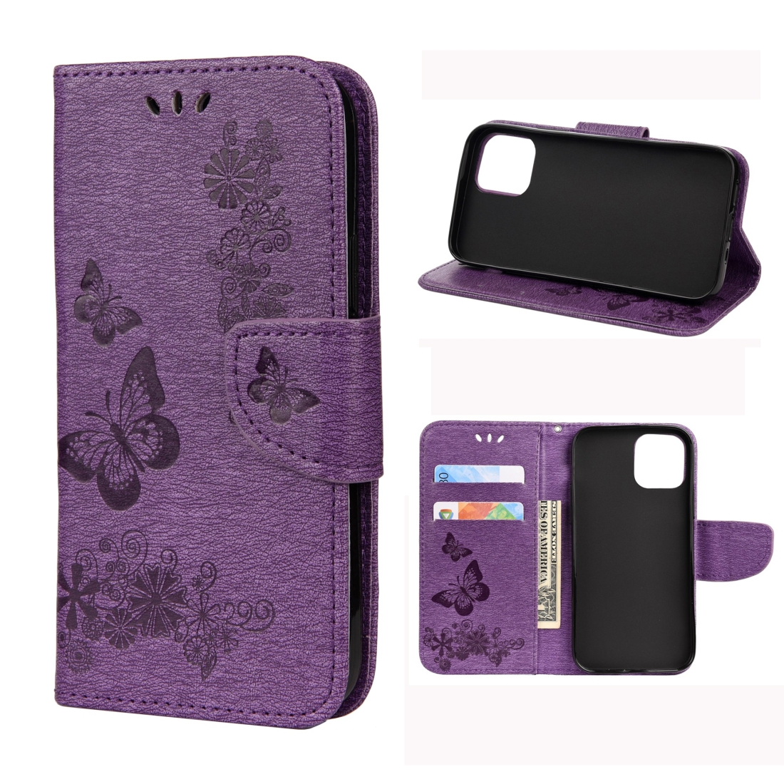 For iPhone 12 mini Vintage Embossed Floral Butterfly Pattern Horizontal Flip Leather Case with Card Slot & Holder & Wallet & Lanyard(Purple) -