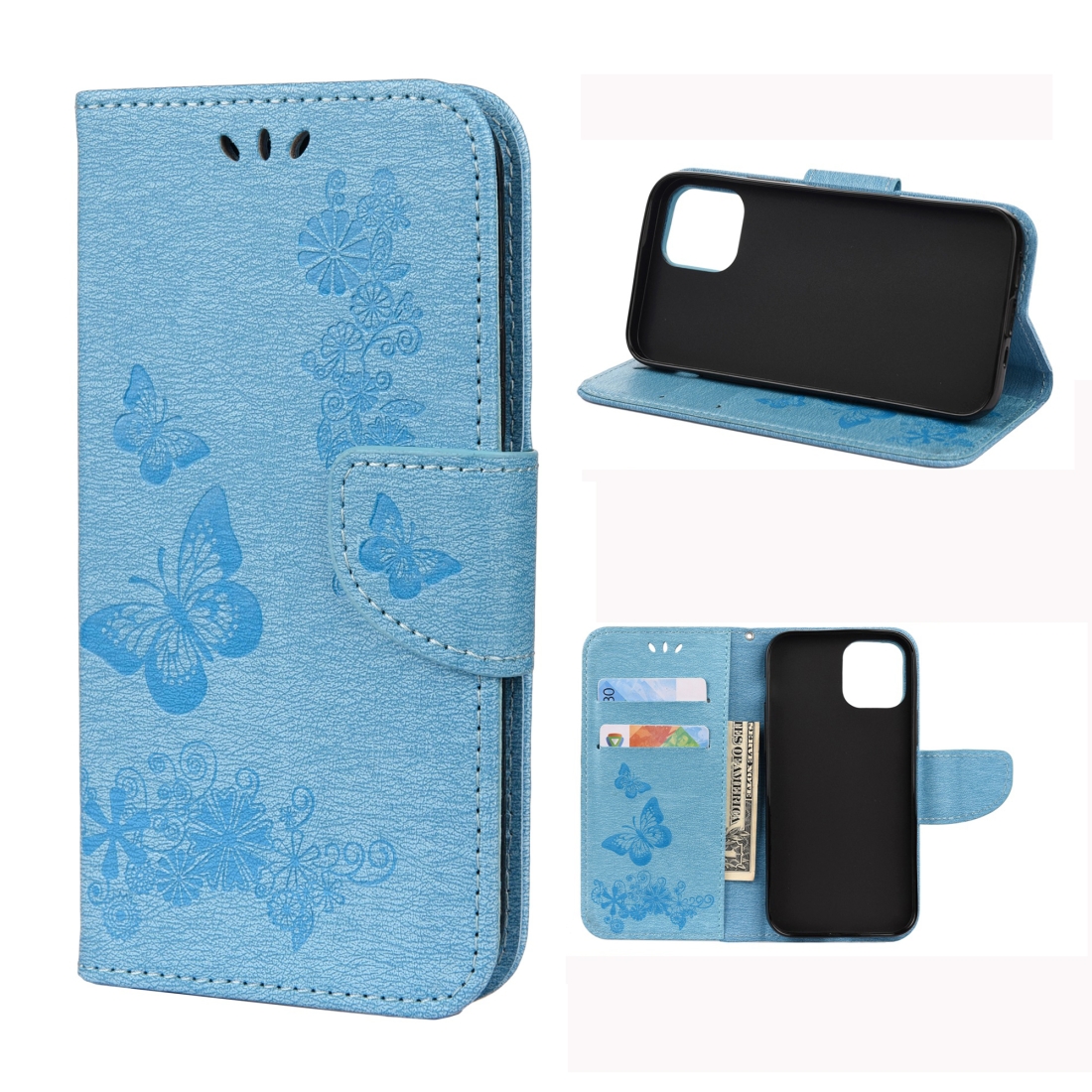 For iPhone 12 Pro Max Vintage Embossed Floral Butterfly Pattern Horizontal Flip Leather Case with Card Slot & Holder & Wallet & Lanyard(Blue) -