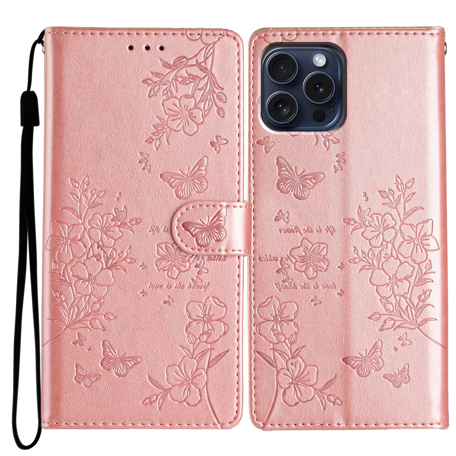 For iPhone 14 Pro Max Butterflies and Flowers Leather Phone Case(Rose Gold) - Shopkiz.com
