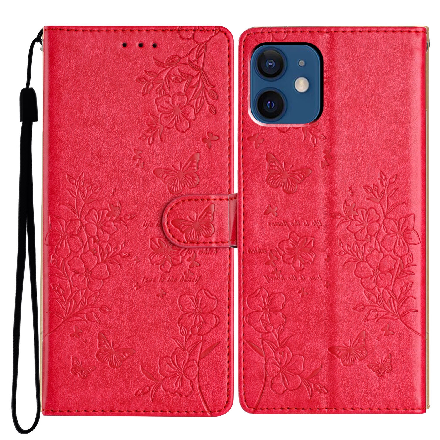 For iPhone 12 / 12 Pro Butterflies and Flowers Leather Phone Case(Red) - Shopkiz.com