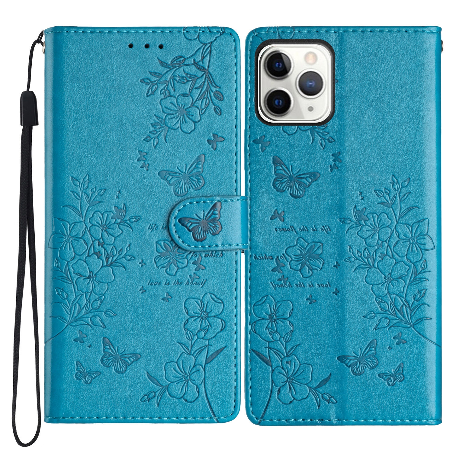 For iPhone 11 Pro Max Butterflies and Flowers Leather Phone Case(Blue) - Shopkiz.com