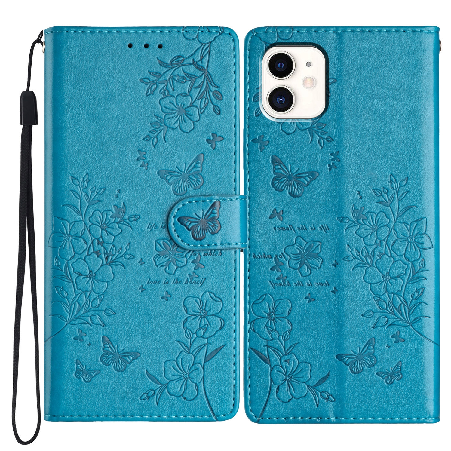 For iPhone 11 Butterflies and Flowers Leather Phone Case(Blue) - Shopkiz.com