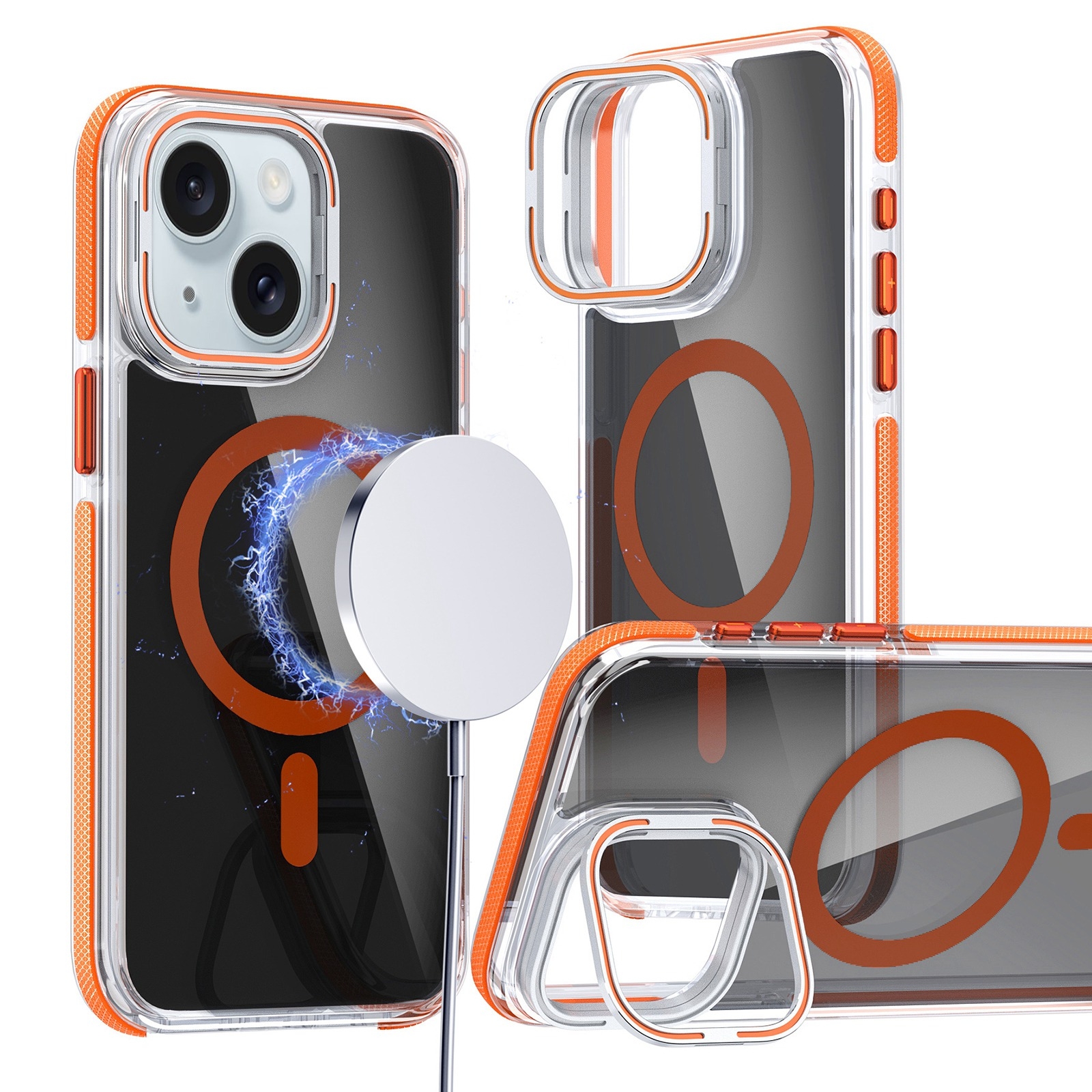 For iPhone 15 Magsafe Dual-Color Transparent Black Lens Holder Phone Case(Orange) - Shopkiz.com