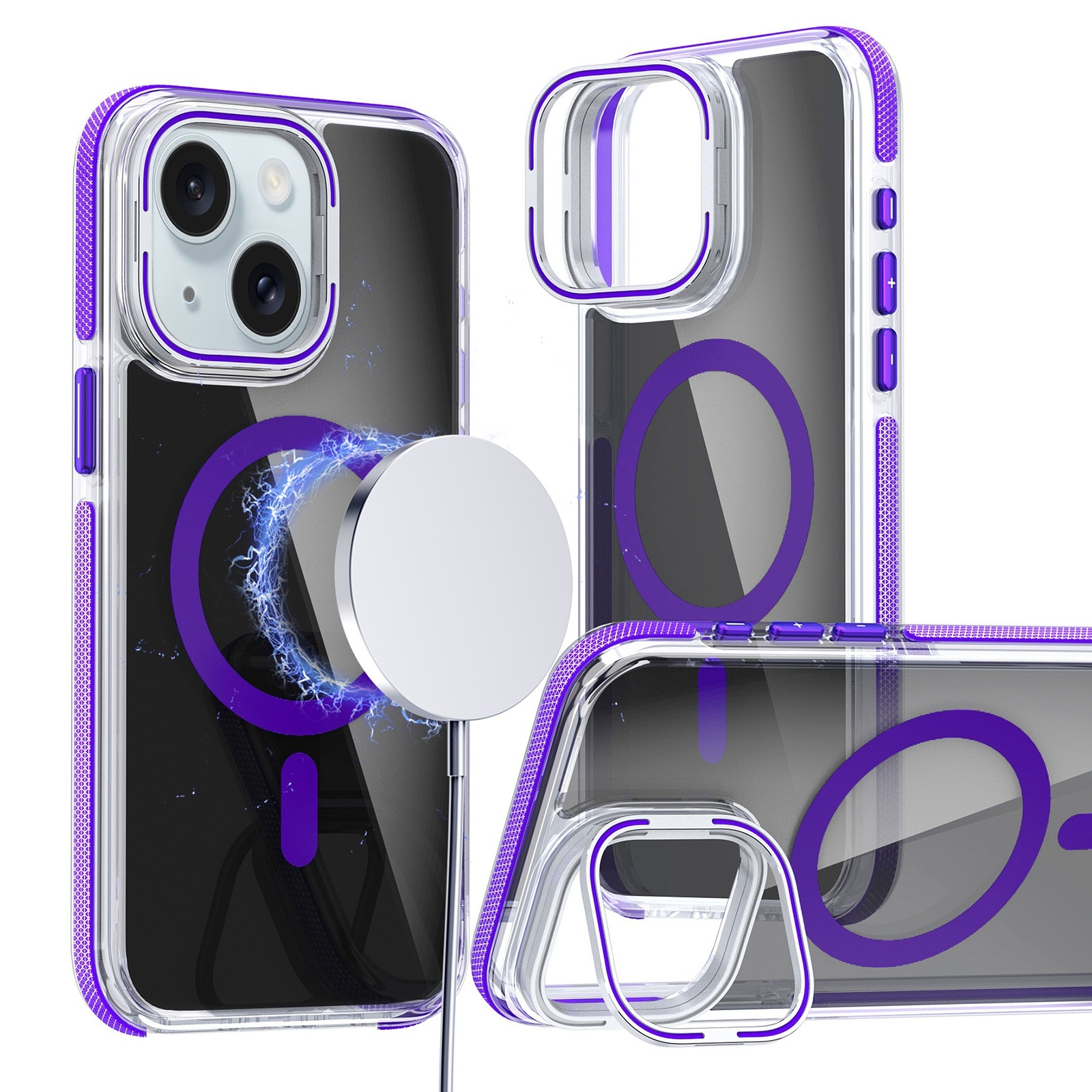 For iPhone 15 Magsafe Dual-Color Transparent Black Lens Holder Phone Case(Purple) - Shopkiz.com