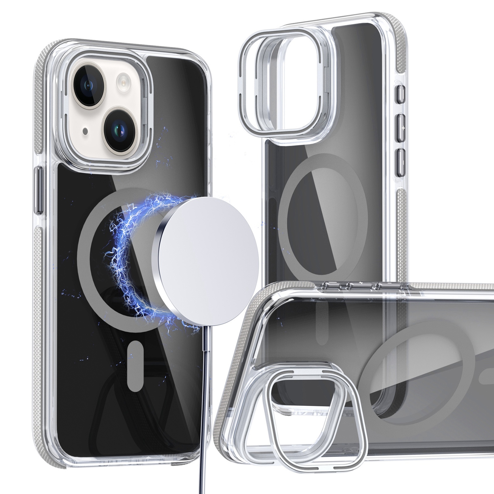 For iPhone 14 Plus Magsafe Dual-Color Transparent Black Lens Holder Phone Case(Gray) - Shopkiz.com
