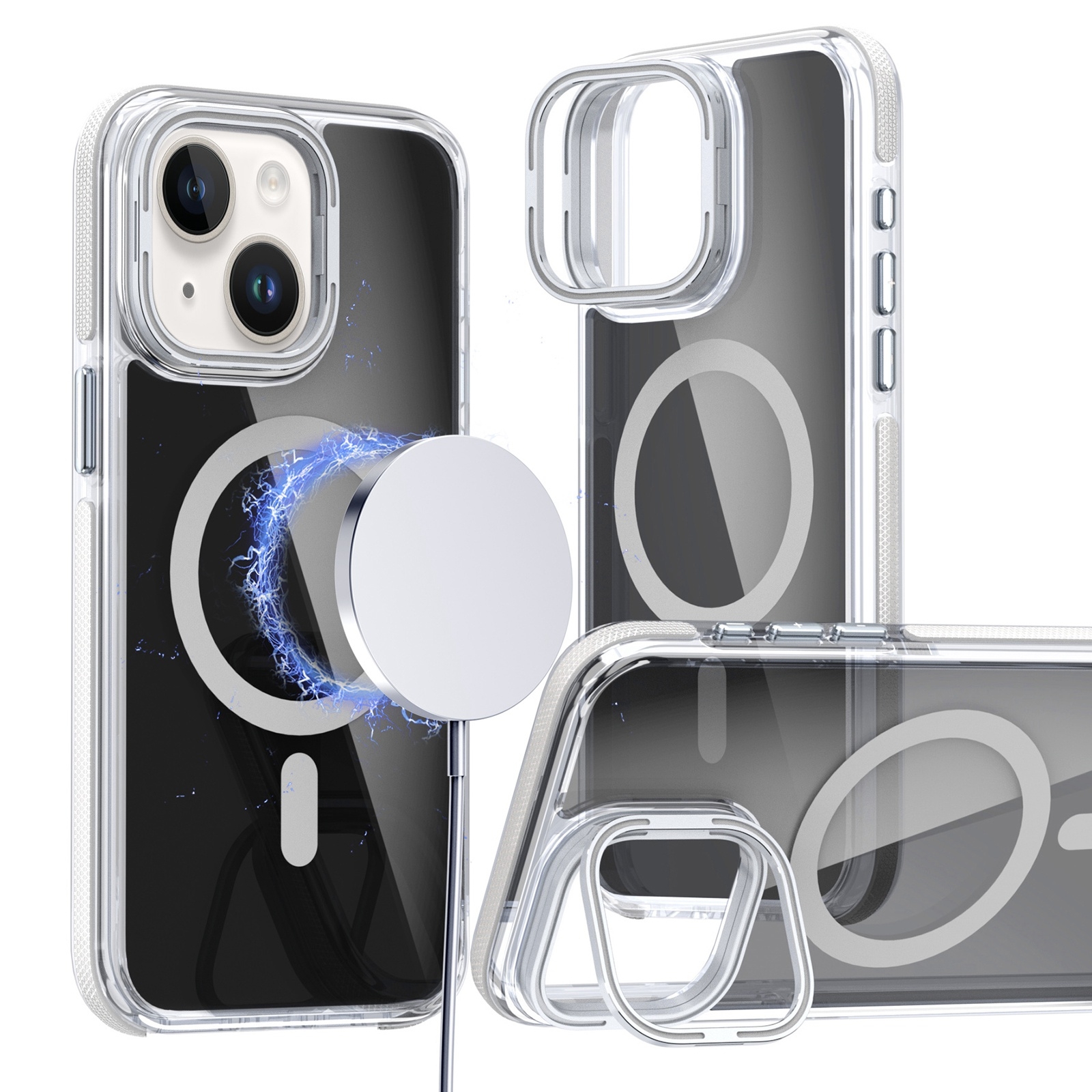 For iPhone 13 / 14 Magsafe Dual-Color Transparent Black Lens Holder Phone Case(White) - Shopkiz.com