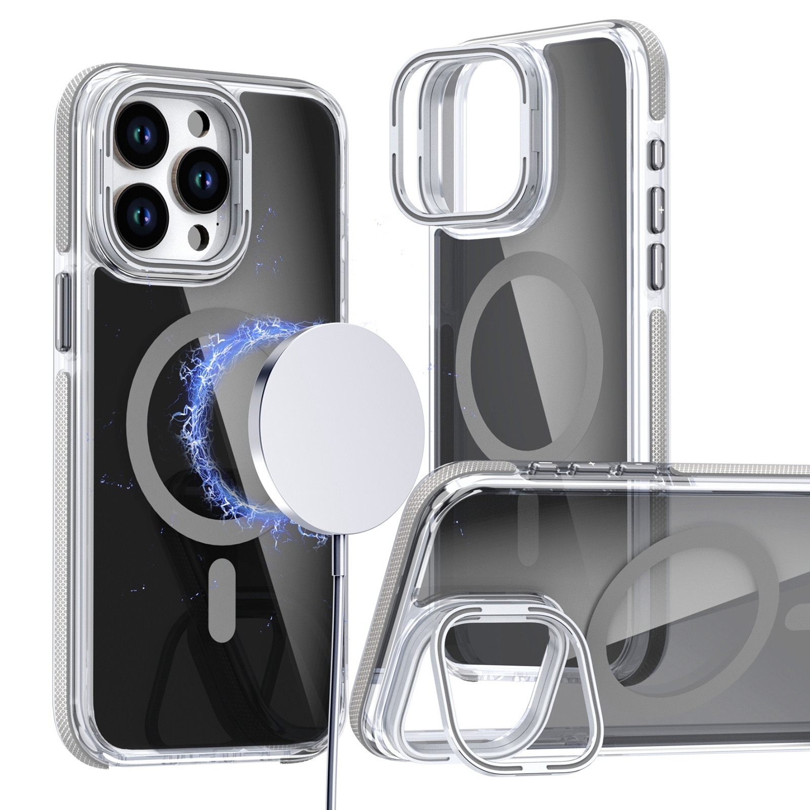 For iPhone 14 Pro Magsafe Dual-Color Transparent Black Lens Holder Phone Case(Gray) - Shopkiz.com