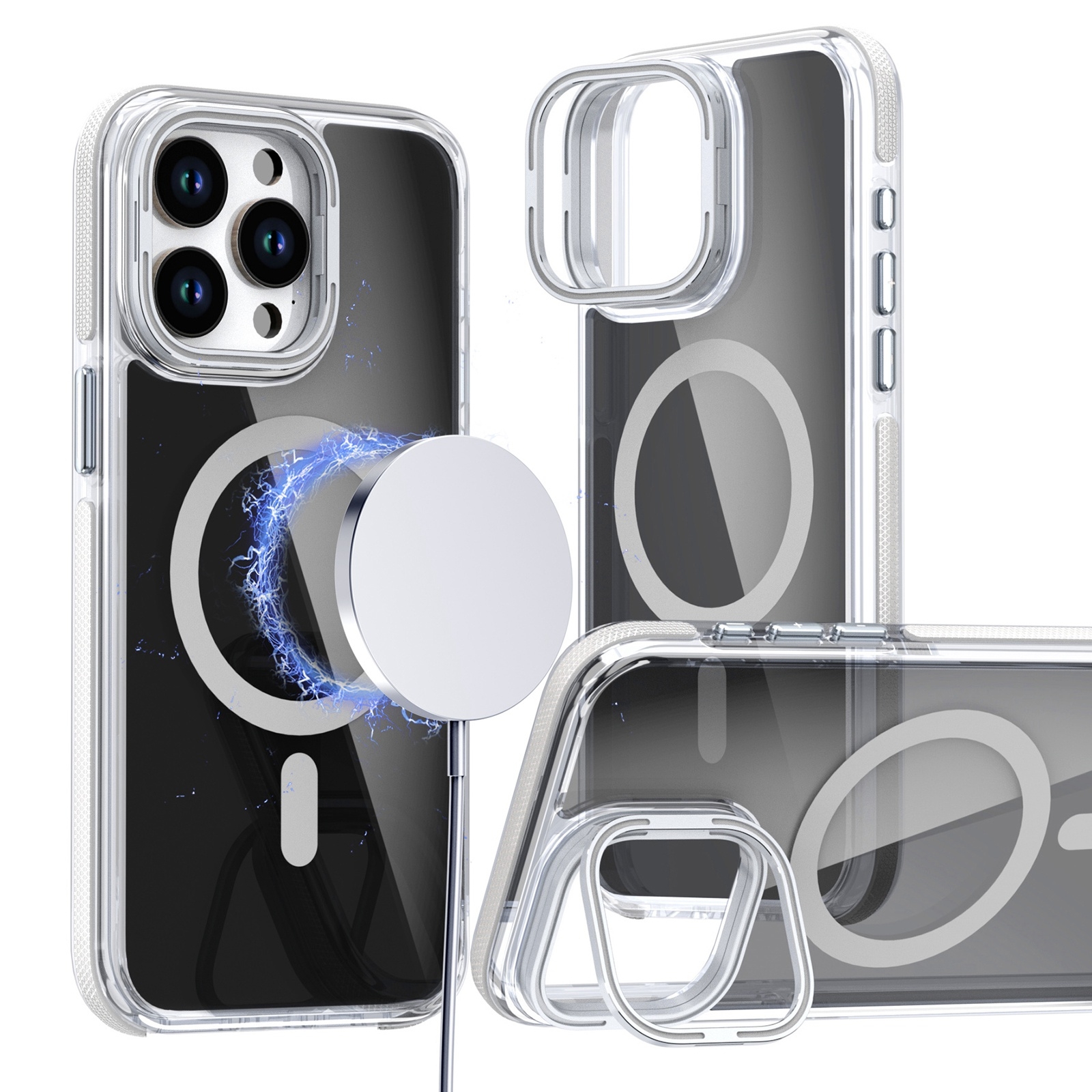 For iPhone 14 Pro Max Magsafe Dual-Color Transparent Black Lens Holder Phone Case(White) - Shopkiz.com