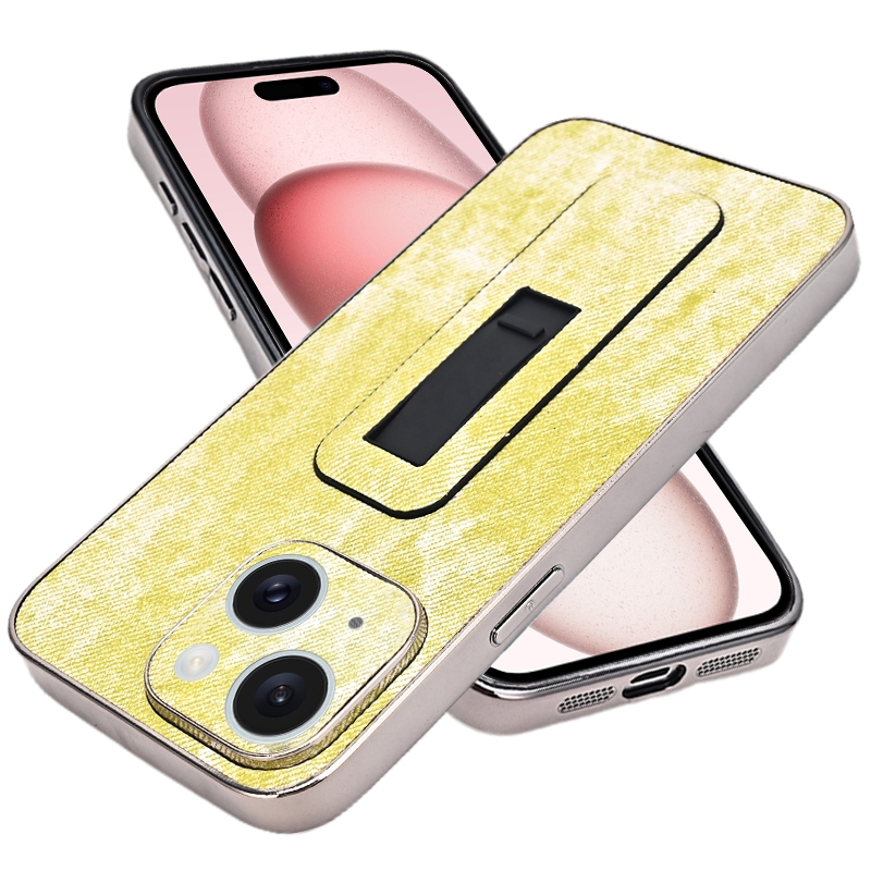 For iPhone 15 Denim Pattern Electroplated Push-pull Bracket Cooling Phone Case(Yellow Green) - Shopkiz.com