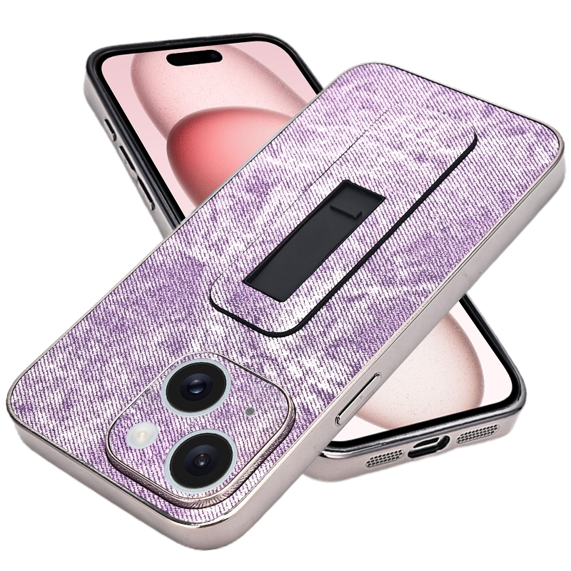 For iPhone 15 Denim Pattern Electroplated Push-pull Bracket Cooling Phone Case(Pink Purple) - Shopkiz.com