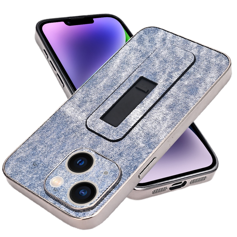 For iPhone 14 Denim Pattern Electroplated Push-pull Bracket Cooling Phone Case(Blue) - Shopkiz.com