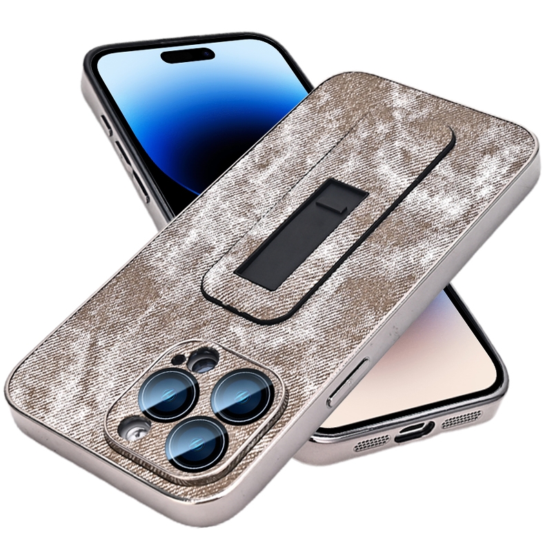 For iPhone 14 Pro Denim Pattern Electroplated Push-pull Bracket Cooling Phone Case(Grey) - Shopkiz.com