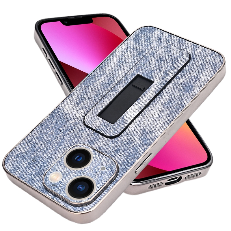 For iPhone 13 Denim Pattern Electroplated Push-pull Bracket Cooling Phone Case(Blue) - Shopkiz.com