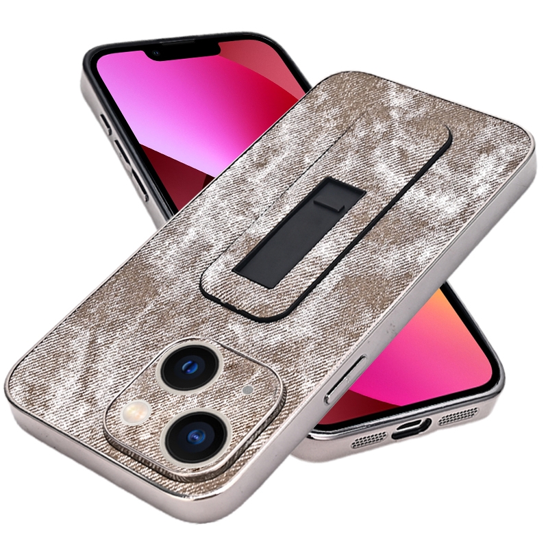 For iPhone 13 Denim Pattern Electroplated Push-pull Bracket Cooling Phone Case(Grey) - Shopkiz.com