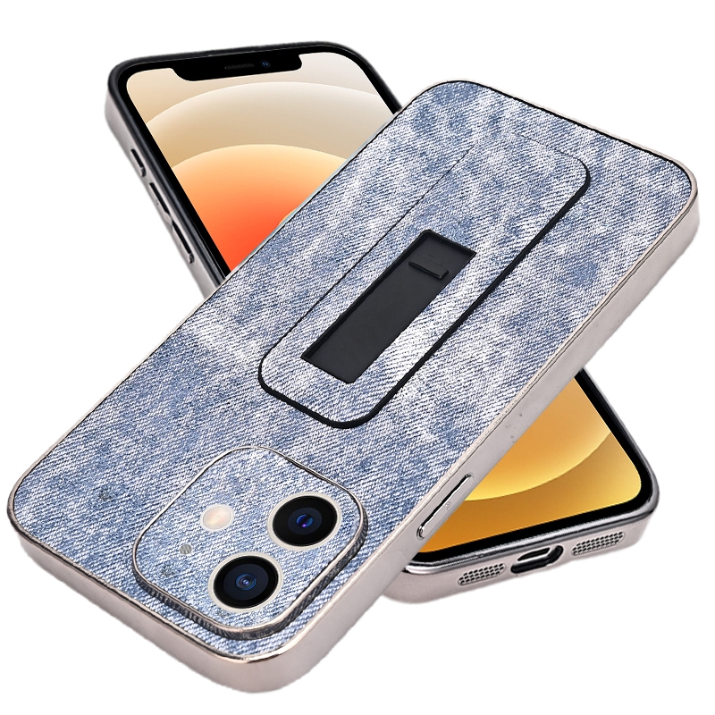 For iPhone 12 Denim Pattern Electroplated Push-pull Bracket Cooling Phone Case(Blue) - Shopkiz.com